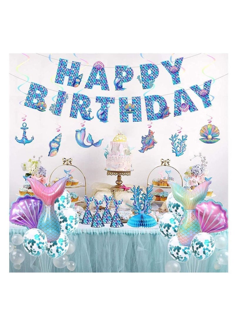 Excefore Mermaid Birthday Party Decorations Set, Supplies, Banner, Tail Hats Balloons With Hanging Swirls for Children and Adult - Image 2
