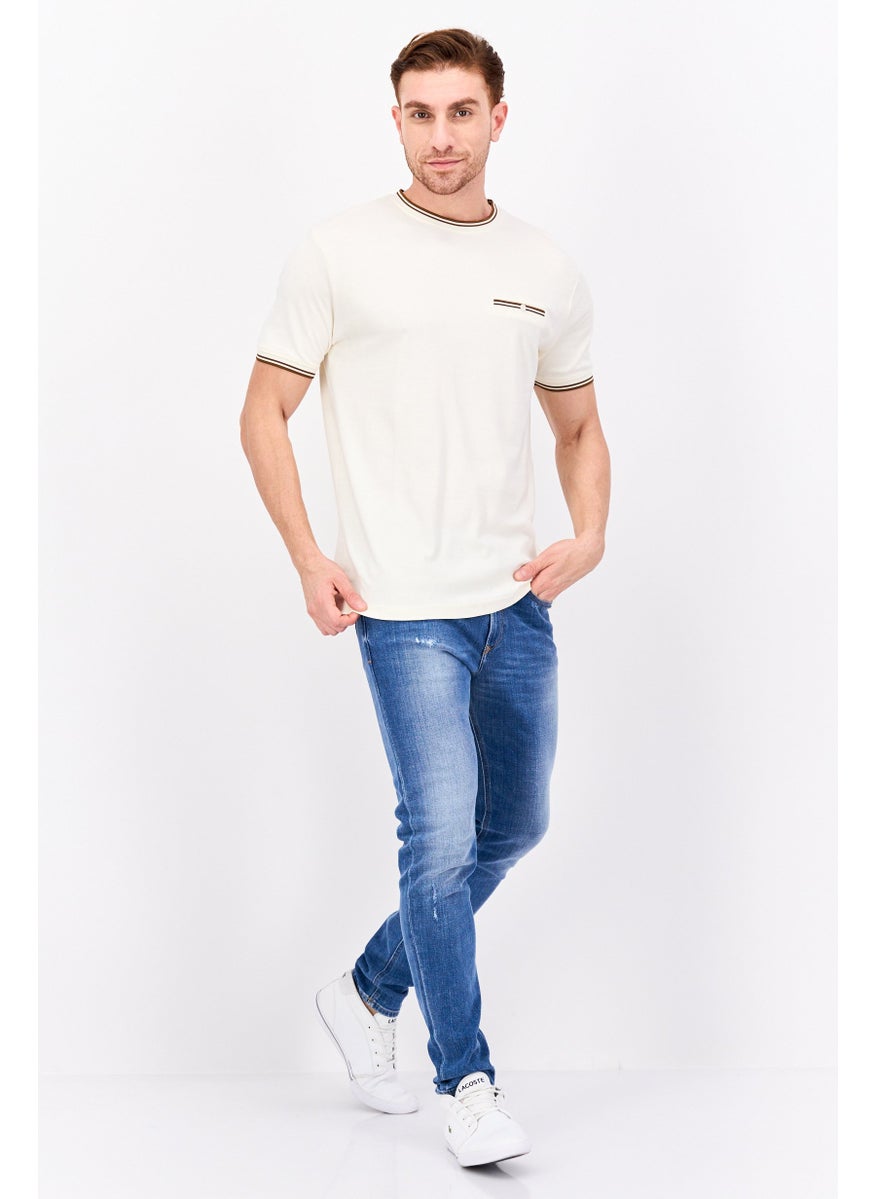 Cactus Man by Ricky Singh - Men Crew Neck Short Sleeves Plain T-Shirt, Beige - Image 1