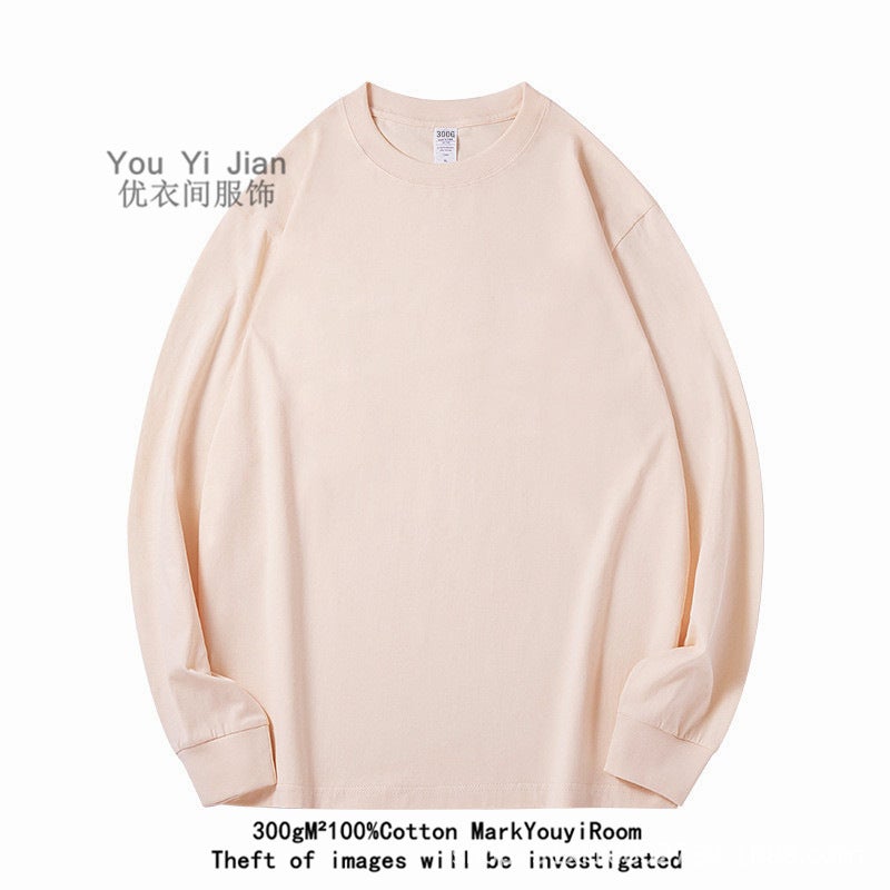 300G Heavy Xinjiang Cotton Long Sleeve T-Shirt Men'S And Women'S Cotton With Thick Pure White Bottoming Shirt American Long T - Image 1