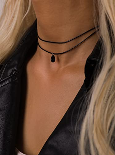 Sacina Goth Boho Hippie Dainty Double Layered Black Choker Necklace, Teardrop Glass Necklace, Halloween Christmas New Year Gift for Women - Image 4