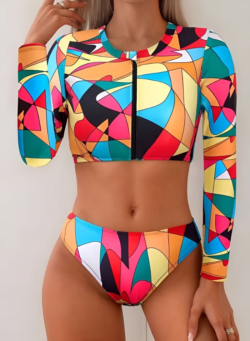 شارلي بدلة سباحة نسائية بأكمام طويلة وقميص قصير - قطعتان بطبعة هندسية متعددة الألوان بسحاب أمامي وجزء سفلي بكيني عالي الخصر - ملابس سباحة واقية من الطفح الجلدي للحماية من الأشعة فوق البنفسجية - قماش مطاطي سريع الجفاف - ملابس أنيقة لركوب الأمواج والشاطئ وحمامات السباحة - مجموعة سباحة رياضية مريحة للصيف والعطلات والمنتجعات والرياضات المائية - نمط تجريدي جريء لإطلالة عصرية - Image 2