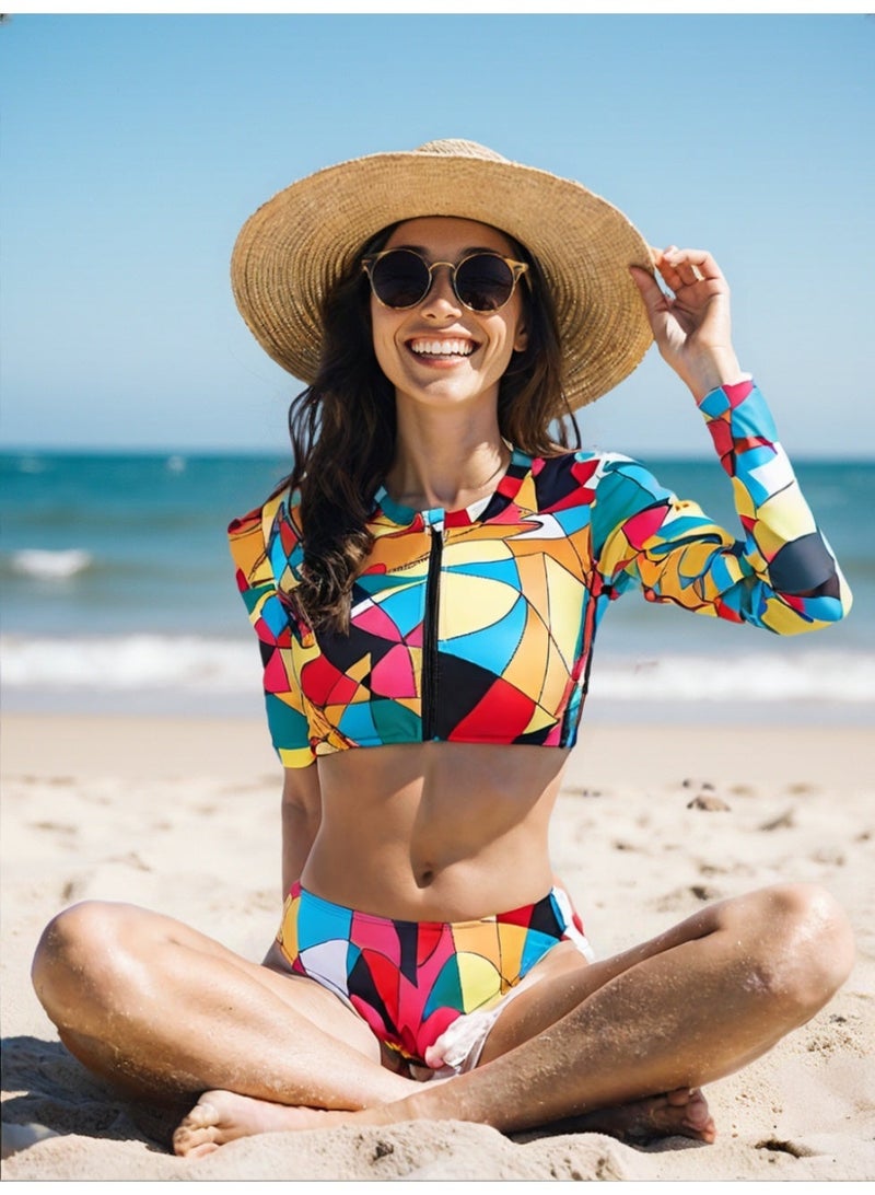شارلي بدلة سباحة نسائية بأكمام طويلة وقميص قصير - قطعتان بطبعة هندسية متعددة الألوان بسحاب أمامي وجزء سفلي بكيني عالي الخصر - ملابس سباحة واقية من الطفح الجلدي للحماية من الأشعة فوق البنفسجية - قماش مطاطي سريع الجفاف - ملابس أنيقة لركوب الأمواج والشاطئ وحمامات السباحة - مجموعة سباحة رياضية مريحة للصيف والعطلات والمنتجعات والرياضات المائية - نمط تجريدي جريء لإطلالة عصرية - Image 1