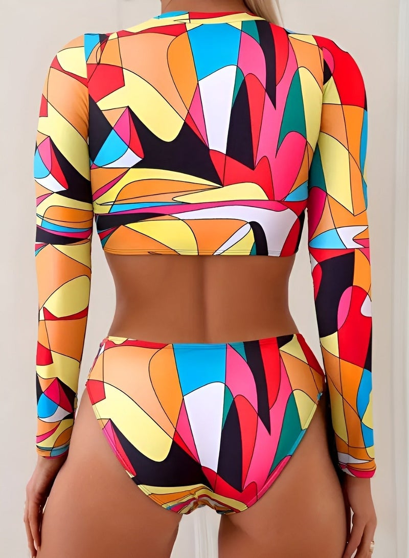 شارلي بدلة سباحة نسائية بأكمام طويلة وقميص قصير - قطعتان بطبعة هندسية متعددة الألوان بسحاب أمامي وجزء سفلي بكيني عالي الخصر - ملابس سباحة واقية من الطفح الجلدي للحماية من الأشعة فوق البنفسجية - قماش مطاطي سريع الجفاف - ملابس أنيقة لركوب الأمواج والشاطئ وحمامات السباحة - مجموعة سباحة رياضية مريحة للصيف والعطلات والمنتجعات والرياضات المائية - نمط تجريدي جريء لإطلالة عصرية - Image 3