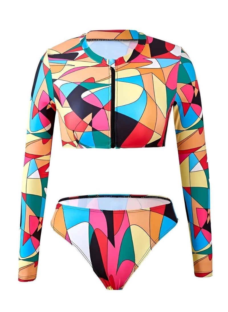 شارلي بدلة سباحة نسائية بأكمام طويلة وقميص قصير - قطعتان بطبعة هندسية متعددة الألوان بسحاب أمامي وجزء سفلي بكيني عالي الخصر - ملابس سباحة واقية من الطفح الجلدي للحماية من الأشعة فوق البنفسجية - قماش مطاطي سريع الجفاف - ملابس أنيقة لركوب الأمواج والشاطئ وحمامات السباحة - مجموعة سباحة رياضية مريحة للصيف والعطلات والمنتجعات والرياضات المائية - نمط تجريدي جريء لإطلالة عصرية - Image 5
