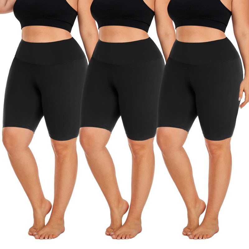 Hi Clasmix 3 Pack Plus Size Biker Shorts for Women(1X-4X)-High Waisted Non-See Through Workout Super Soft Black Yoga Shorts(3 Pack Black,3XL) - Image 1