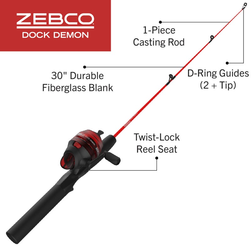 Zebco Dock Demon Spincast Reel and Fishing Rod Combo, 30-Inch 1-Piece Fiberglass Fishing Pole with EVA Handle, QuickSet Anti-Reverse Fishing Reel, Pre-Spooled with 6-Pound Zebco Line, Red, 20 - Image 2