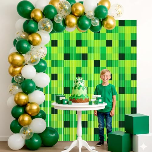 MinFyberd Green Foil Fringe Curtains Pixel Birthday Backdrop Green Theme Curtains Streamers Fringe Door Curtain for Boys Kids Video Game Birthday Party Decorations Supplies Favors 3.3x6.6ft 2 Pcs - Image 4