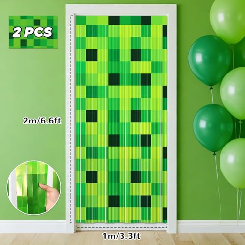MinFyberd Green Foil Fringe Curtains Pixel Birthday Backdrop Green Theme Curtains Streamers Fringe Door Curtain for Boys Kids Video Game Birthday Party Decorations Supplies Favors 3.3x6.6ft 2 Pcs - Image 2