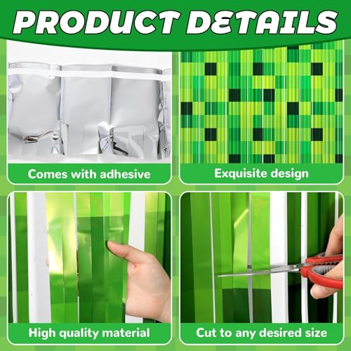 MinFyberd Green Foil Fringe Curtains Pixel Birthday Backdrop Green Theme Curtains Streamers Fringe Door Curtain for Boys Kids Video Game Birthday Party Decorations Supplies Favors 3.3x6.6ft 2 Pcs - Image 3