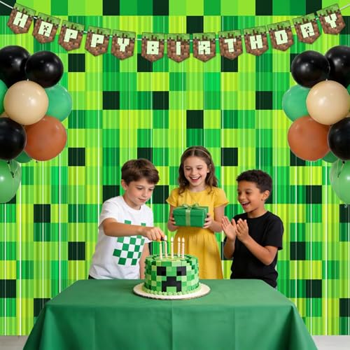 MinFyberd Green Foil Fringe Curtains Pixel Birthday Backdrop Green Theme Curtains Streamers Fringe Door Curtain for Boys Kids Video Game Birthday Party Decorations Supplies Favors 3.3x6.6ft 2 Pcs - Image 5