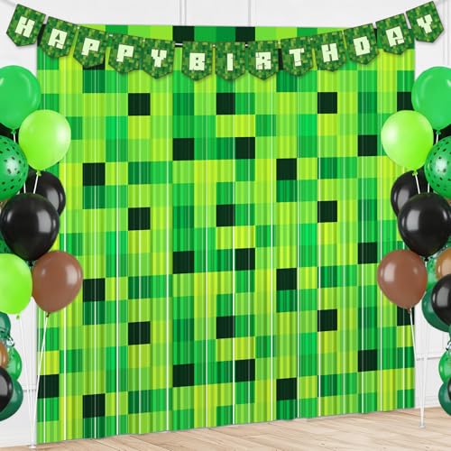 MinFyberd Green Foil Fringe Curtains Pixel Birthday Backdrop Green Theme Curtains Streamers Fringe Door Curtain for Boys Kids Video Game Birthday Party Decorations Supplies Favors 3.3x6.6ft 2 Pcs - Image 1