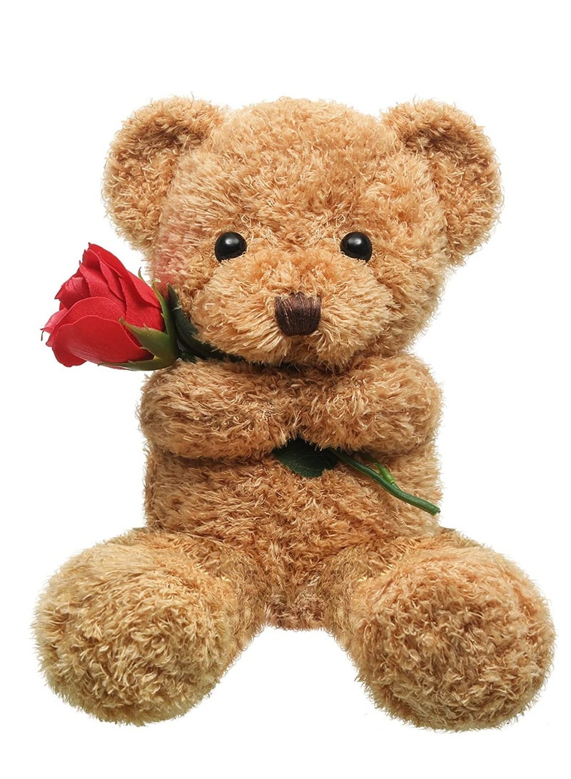 SYOSI Plush Stuffed Animal Bear with Rose Funny C ute Stuffed Animal Plush Valen tine's Day Gifts for Kids Toddler g ir lf rie n d Mother's Day, 11.8 Inches Brown - Image 1