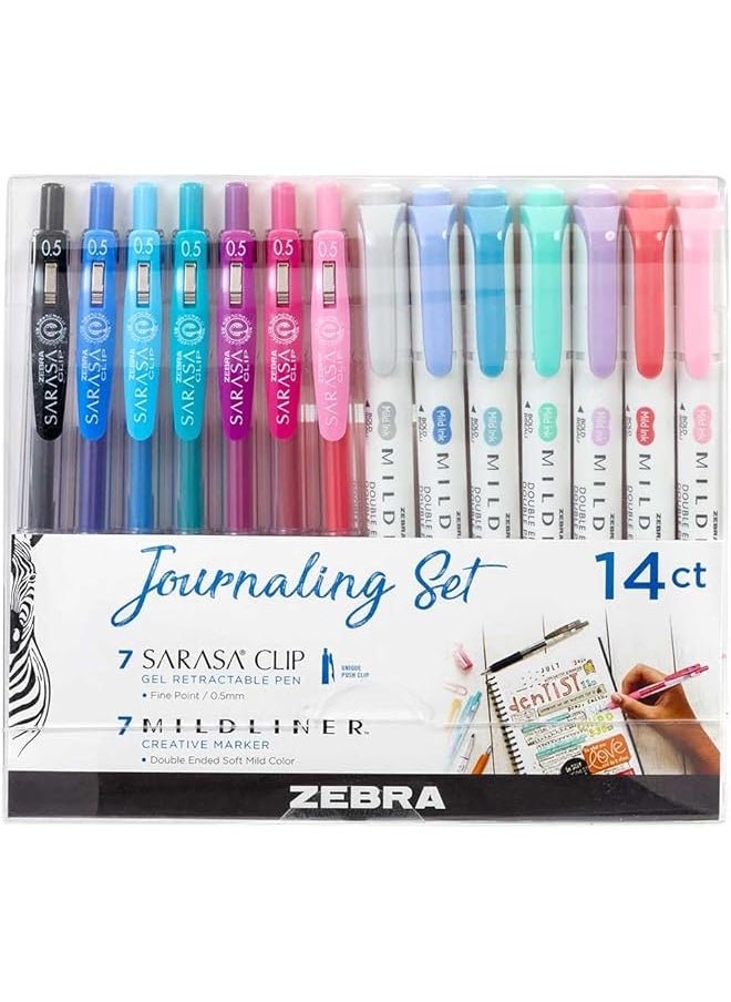 ZEBRA Pen Journaling Set Includes 7 Mildliner Highlighters And 7 Clip Retractable Gel Ink Pens Assorted Colors 14 Pack  - Image 1