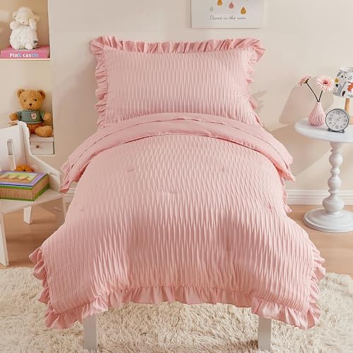 Cozyholy 4 Piece Textured Seersucker Toddler Bedding Set Girls Crib Sheets Set Pink Ruffle Baby Bed Comforter Set Lightweight Bed in a Bag | Include Comforter, Flat Sheet, Fitted Sheet, Pillowcase - Image 1