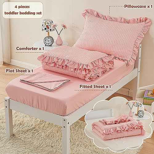 Cozyholy 4 Piece Textured Seersucker Toddler Bedding Set Girls Crib Sheets Set Pink Ruffle Baby Bed Comforter Set Lightweight Bed in a Bag | Include Comforter, Flat Sheet, Fitted Sheet, Pillowcase - Image 2