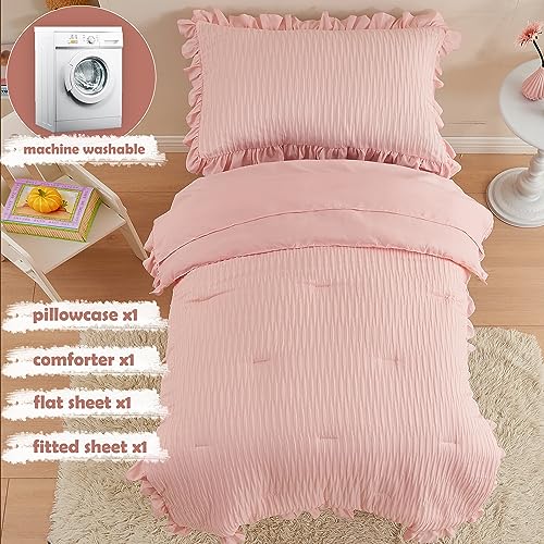 Cozyholy 4 Piece Textured Seersucker Toddler Bedding Set Girls Crib Sheets Set Pink Ruffle Baby Bed Comforter Set Lightweight Bed in a Bag | Include Comforter, Flat Sheet, Fitted Sheet, Pillowcase - Image 3