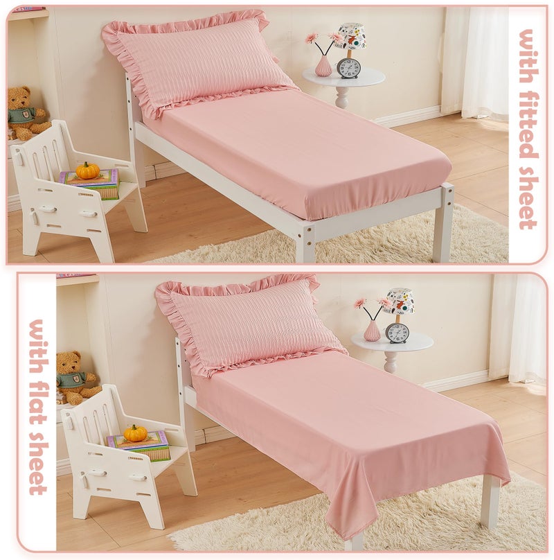 Cozyholy 4 Piece Textured Seersucker Toddler Bedding Set Girls Crib Sheets Set Pink Ruffle Baby Bed Comforter Set Lightweight Bed in a Bag | Include Comforter, Flat Sheet, Fitted Sheet, Pillowcase - Image 4