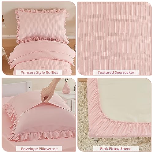 Cozyholy 4 Piece Textured Seersucker Toddler Bedding Set Girls Crib Sheets Set Pink Ruffle Baby Bed Comforter Set Lightweight Bed in a Bag | Include Comforter, Flat Sheet, Fitted Sheet, Pillowcase - Image 5