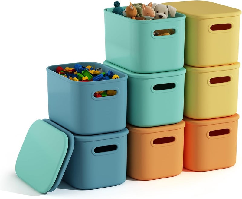 BOBIBOSS 8 Pack Colored Stackable Storage Bins with Lids for Shelves, Storage Containers with Lids for Organizing, Storage Boxes with Handle, Plastic Cubby Bins with Lids for Classroom, Snacks, Craft - Image 1