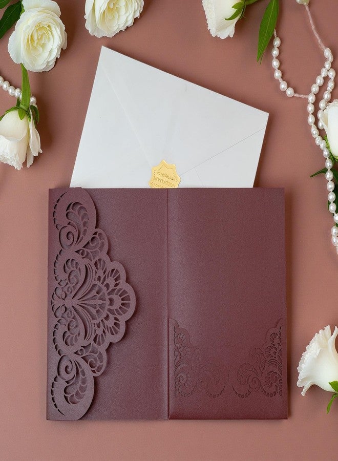 Builcker 20 Pcs Laser Cutting Burgundy Invitation Card Greeting Card Graduation Party Wedding Birthday Party Invitations Invitation Pocket With Envelope (Burgundy) - Image 2