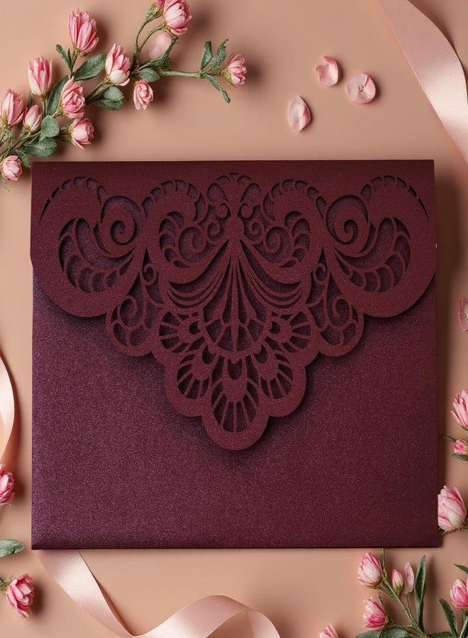 Builcker 20 Pcs Laser Cutting Burgundy Invitation Card Greeting Card Graduation Party Wedding Birthday Party Invitations Invitation Pocket With Envelope (Burgundy) - Image 1