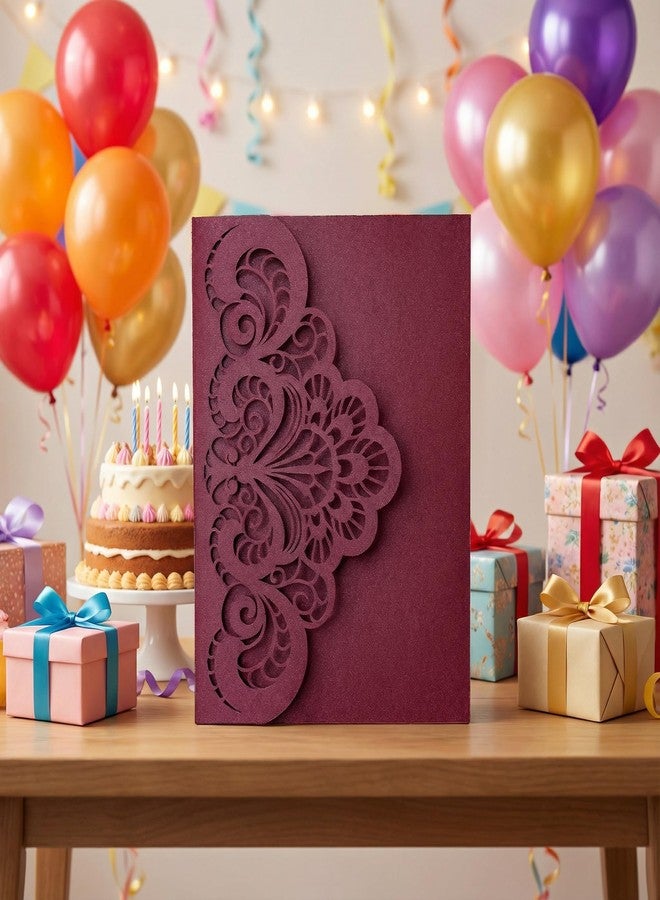 Builcker 20 Pcs Laser Cutting Burgundy Invitation Card Greeting Card Graduation Party Wedding Birthday Party Invitations Invitation Pocket With Envelope (Burgundy) - Image 4