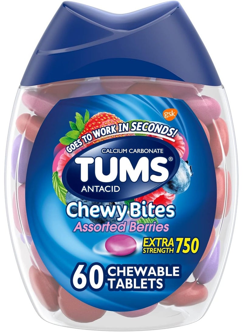 TUMS Chewy Bites Antacid Tablets for Chewable Heartburn Relief and Acid Indigestion Relief, Assorted Berries - 60 Count - Image 1