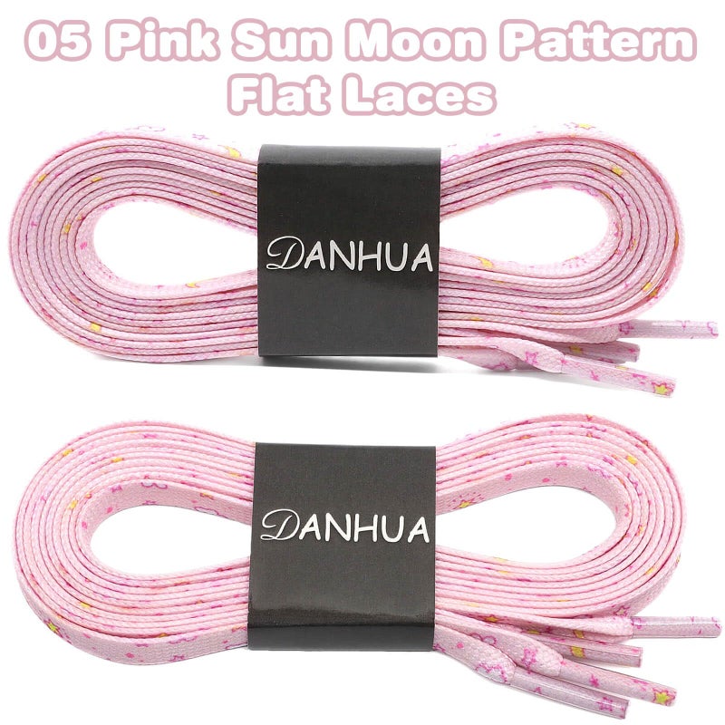 DANHUA Colored Printed Flat Shoelaces: 2 Pair Pink Sun Moon Pattern Shoe Laces for Sneakers 55 inch - Image 2