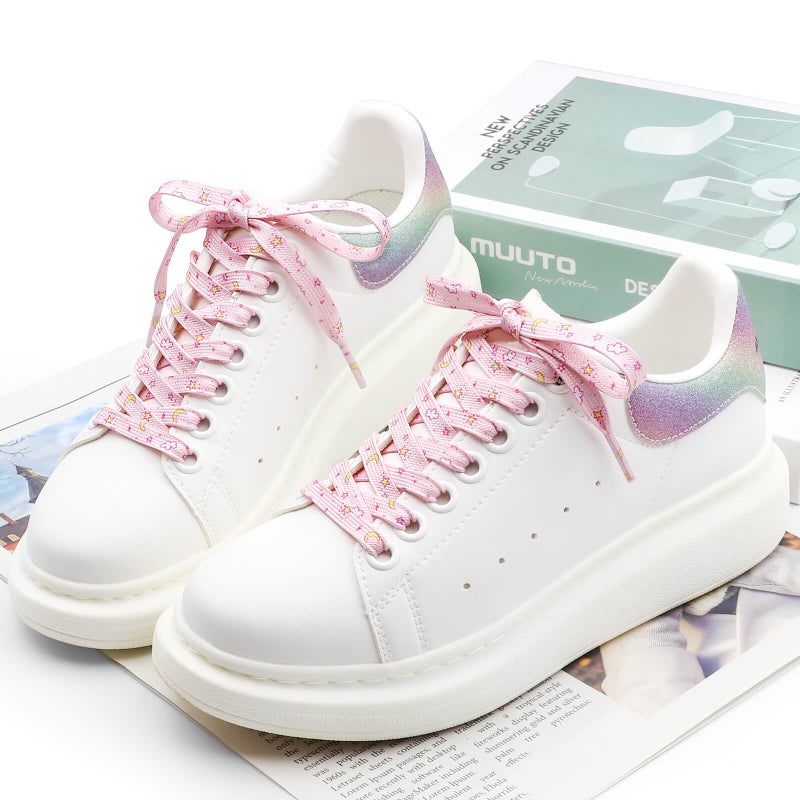 DANHUA Colored Printed Flat Shoelaces: 2 Pair Pink Sun Moon Pattern Shoe Laces for Sneakers 55 inch - Image 4