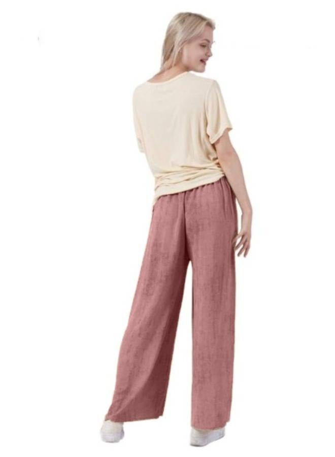 بنطلون نسائي مقاس موحد مصبوغ بأرجل واسعة، عالي الخصر، فضفاض، طويل الطول، نسيج بوليستر، ملابس خارجية غير رسمية، حزام خصر مرن مع رباط للتعديل - Image 2