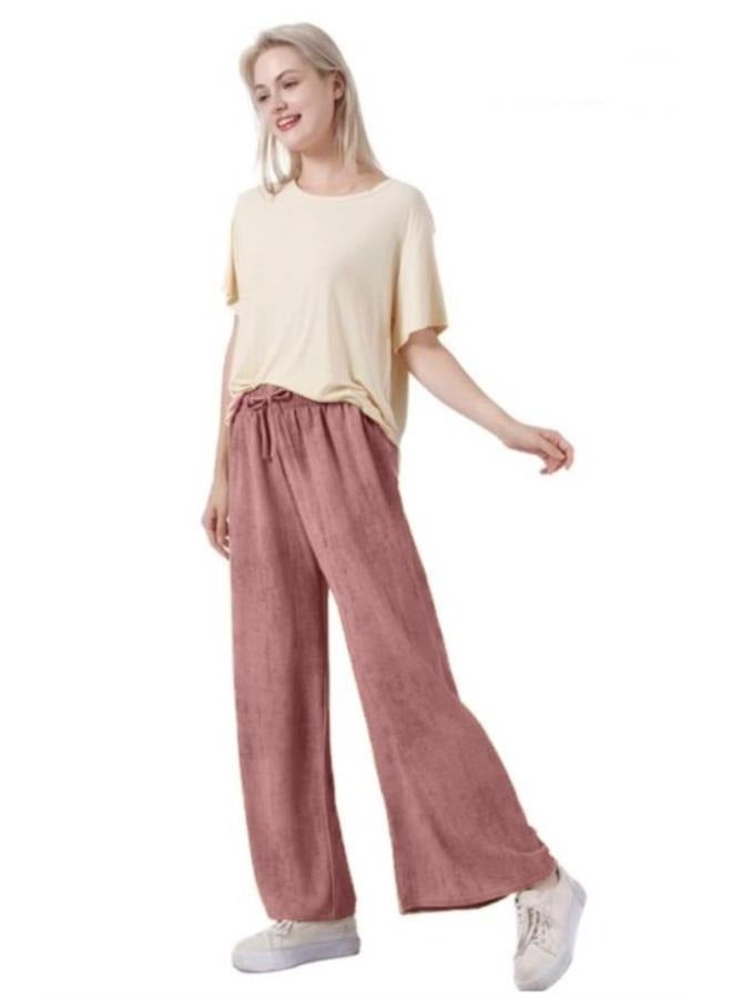 بنطلون نسائي مقاس موحد مصبوغ بأرجل واسعة، عالي الخصر، فضفاض، طويل الطول، نسيج بوليستر، ملابس خارجية غير رسمية، حزام خصر مرن مع رباط للتعديل - Image 1