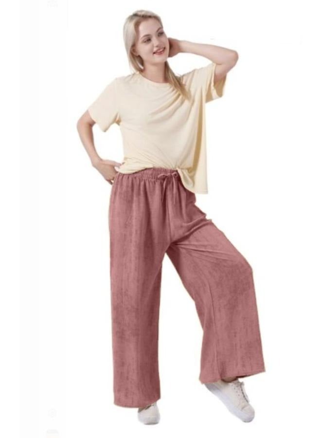 بنطلون نسائي مقاس موحد مصبوغ بأرجل واسعة، عالي الخصر، فضفاض، طويل الطول، نسيج بوليستر، ملابس خارجية غير رسمية، حزام خصر مرن مع رباط للتعديل - Image 3