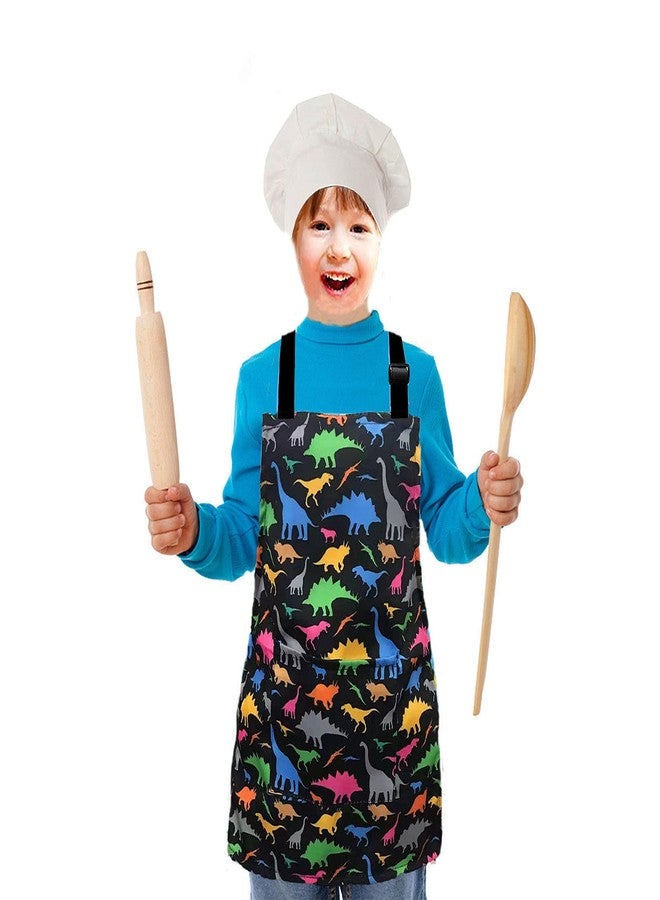 MRYUWB Kids Boys Dinosaur Apron with Pockets, Girls Aprons for Cooking, Painting, Kitchen Chef Apron for Children 3-12 Years (Black & Dinosaurs, Small (3-5 Years)) - Image 4