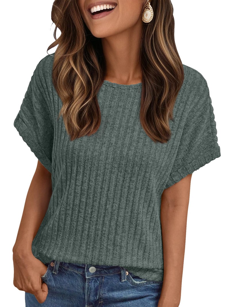 LILLUSORY Women Short Sleeve Top Dressy Casual Shirt Summer TextSweater Green L - Image 1