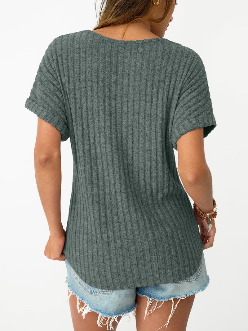 LILLUSORY Women Short Sleeve Top Dressy Casual Shirt Summer TextSweater Green L - Image 4