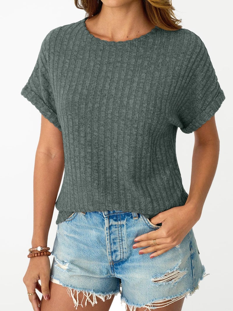 LILLUSORY Women Short Sleeve Top Dressy Casual Shirt Summer TextSweater Green L - Image 3