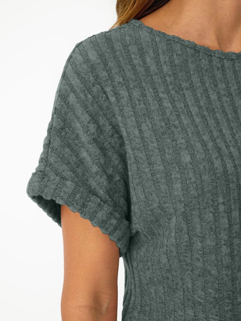 LILLUSORY Women Short Sleeve Top Dressy Casual Shirt Summer TextSweater Green L - Image 5