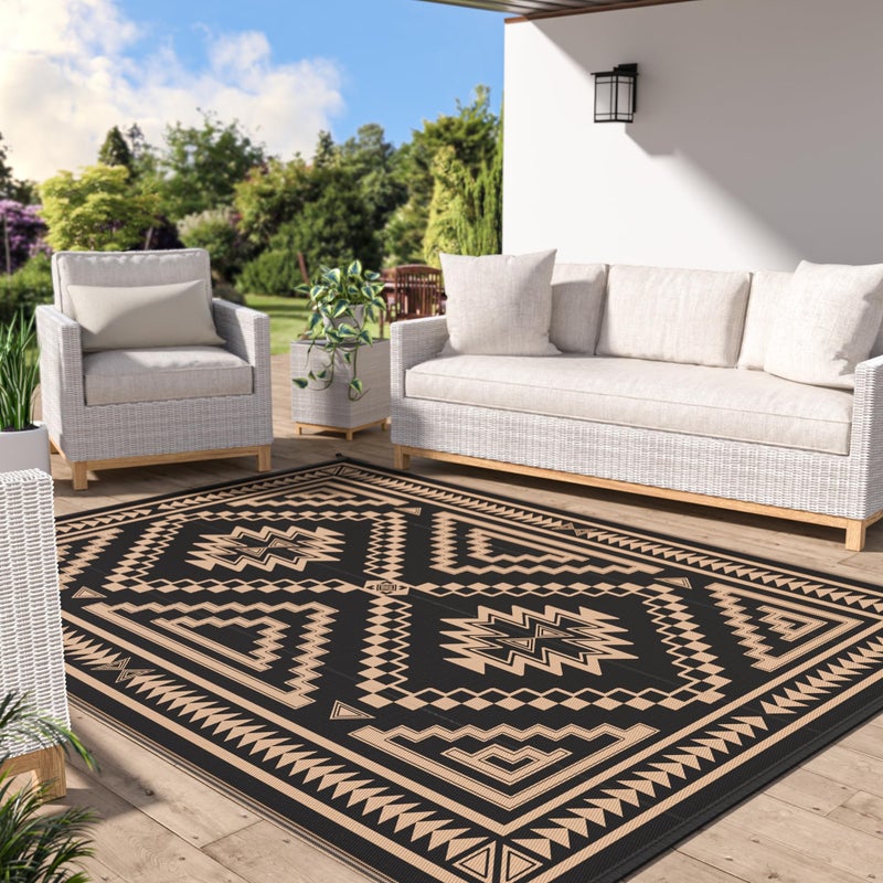 GENIMO Outdoor Rug for Patio Clearance - 5x8 ft Waterproof Plastic Camping Rugs, Reversible Outside Rv Mat Carpet for Porch, Deck, Picnic, Balcony, Beach, Backyard, Black Brown - Image 1