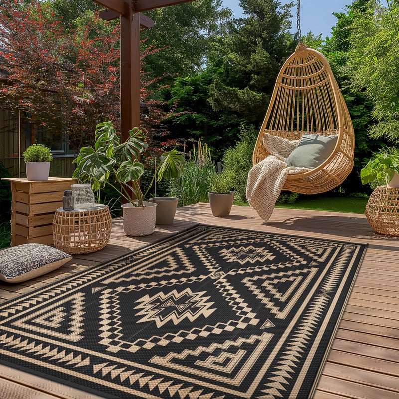 GENIMO Outdoor Rug for Patio Clearance - 5x8 ft Waterproof Plastic Camping Rugs, Reversible Outside Rv Mat Carpet for Porch, Deck, Picnic, Balcony, Beach, Backyard, Black Brown - Image 2