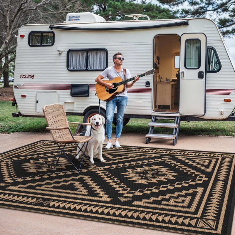 GENIMO Outdoor Rug for Patio Clearance - 5x8 ft Waterproof Plastic Camping Rugs, Reversible Outside Rv Mat Carpet for Porch, Deck, Picnic, Balcony, Beach, Backyard, Black Brown - Image 5