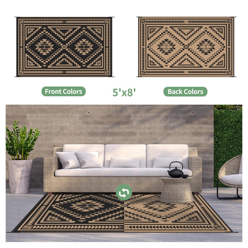 GENIMO Outdoor Rug for Patio Clearance - 5x8 ft Waterproof Plastic Camping Rugs, Reversible Outside Rv Mat Carpet for Porch, Deck, Picnic, Balcony, Beach, Backyard, Black Brown - Image 4