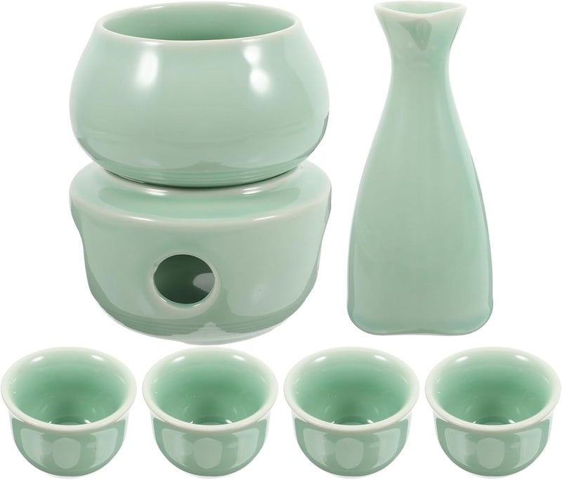 Light Green Ceramic Sake Set with Warmer Base and Cups for Family Entertaining - Image 1