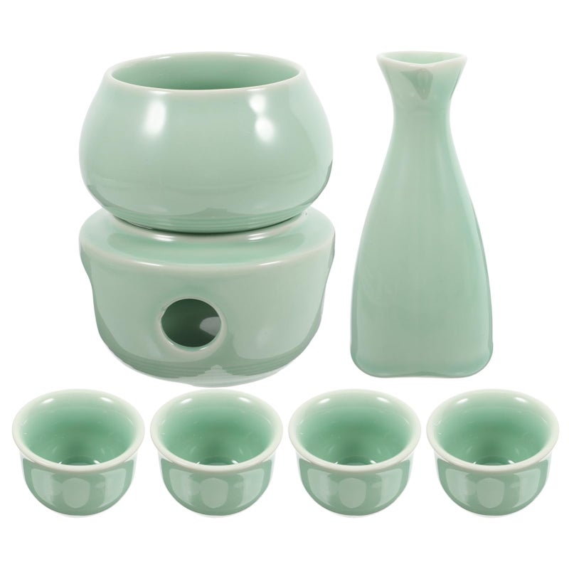 Light Green Ceramic Sake Set with Warmer Base and Cups for Family Entertaining - Image 2