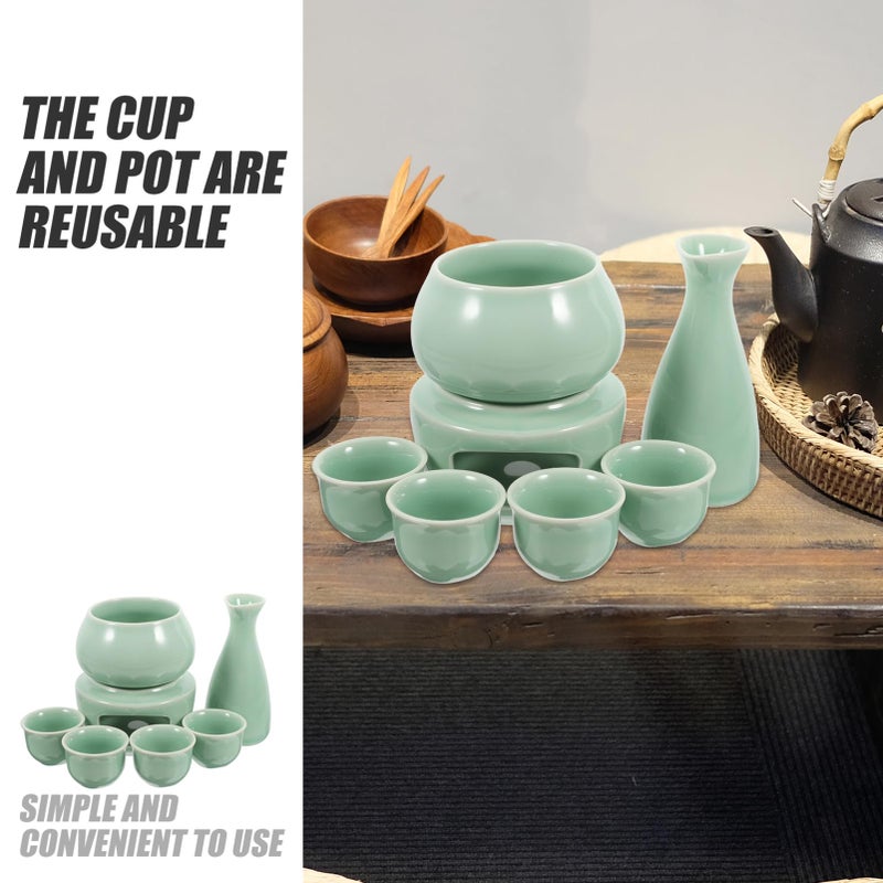 Light Green Ceramic Sake Set with Warmer Base and Cups for Family Entertaining - Image 4