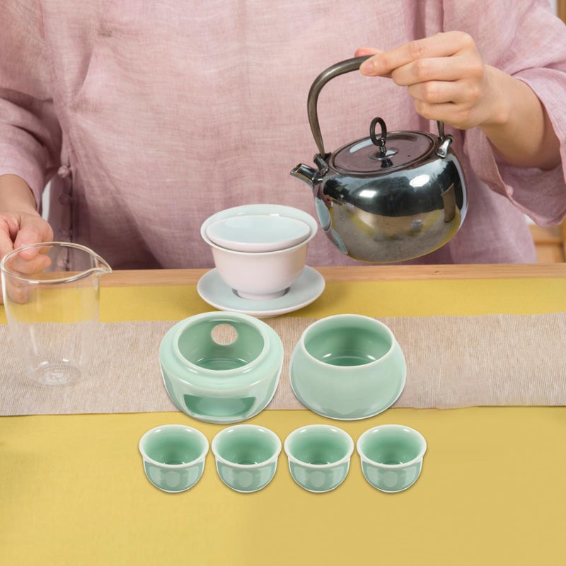 Light Green Ceramic Sake Set with Warmer Base and Cups for Family Entertaining - Image 5