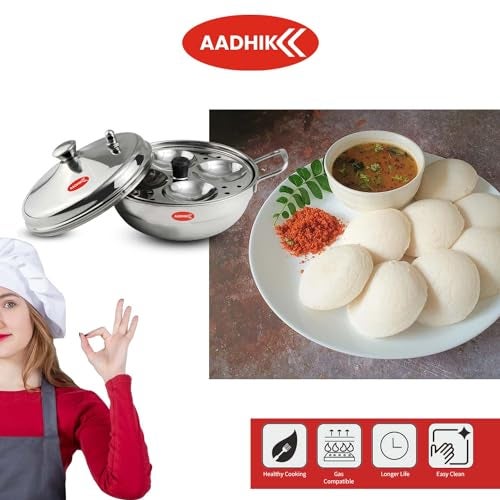 Aadhik Stainless Steel Multi Purpose Kadai with Steel Lid, Idli Maker 2 Idli Plate 8 Cavity Idli Cooker Stainless Steel Idly Pot with Steamer, Silver - Image 3