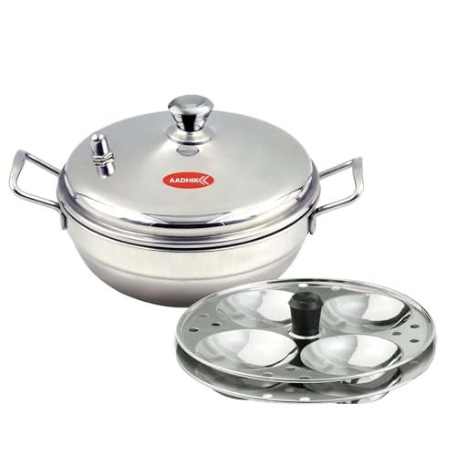 Aadhik Stainless Steel Multi Purpose Kadai with Steel Lid, Idli Maker 2 Idli Plate 8 Cavity Idli Cooker Stainless Steel Idly Pot with Steamer, Silver - Image 1