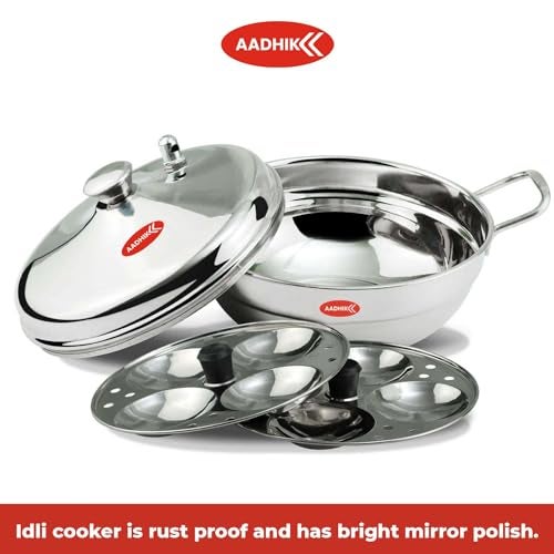 Aadhik Stainless Steel Multi Purpose Kadai with Steel Lid, Idli Maker 2 Idli Plate 8 Cavity Idli Cooker Stainless Steel Idly Pot with Steamer, Silver - Image 2