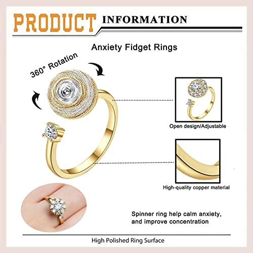 Honsny 6Pcs 14K Gold Plated Anxiety Rings for Women, Adjustable Spinner Anxiety Ring, CZ Butterfly Bee Moon Star Fidget Rings for Anxiety Stress Relief for Women - Image 5