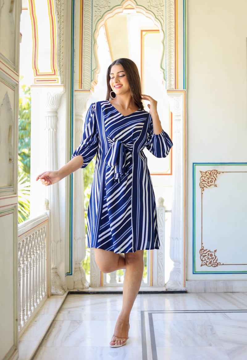 Yash Gallery Women's Stripe Printed A-Line Dress (Blue, S) - Image 2